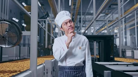 Man Chef Thinking And Looking Around Then Raising His Finger In Cookie Factory Stock Footage 318080289