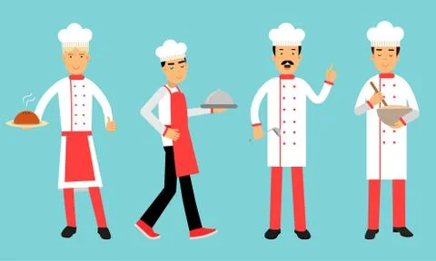 Man Chef Wearing White Hat and Buttoned Cook Jacket Vector Illustration Set 스톡 일러스트