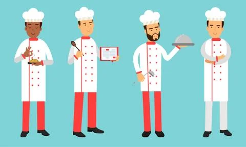 Man Chef Wearing White Hat and Buttoned Cook Jacket Vector Illustration Set 스톡 일러스트