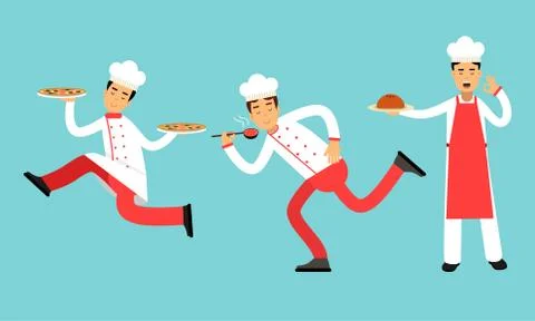Man Chef Wearing White Hat and Buttoned Cook Jacket Vector Illustration Set 스톡 일러스트