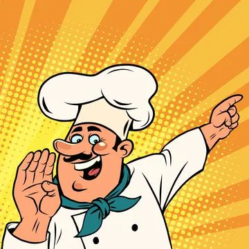Man chef in a white cap. Smiling face. Professional points a finger 库存插图