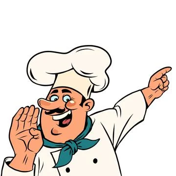 Man chef in a white cap. Smiling face. Professional points a finger Isolate on a Stock Illustration