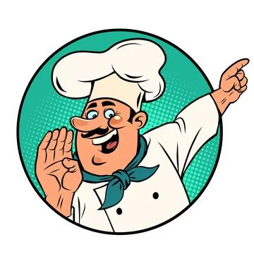Man chef in a white cap. Smiling face. Professional points a finger Isolate on a Stock Illustration