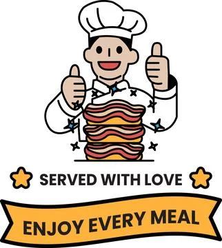 A man in a chef's hat is giving thumbs up to a stack of food Stock Illustration