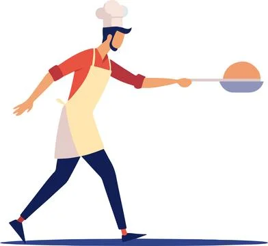 A man in a chef's hat is holding a pan and a spatula Stock Illustration