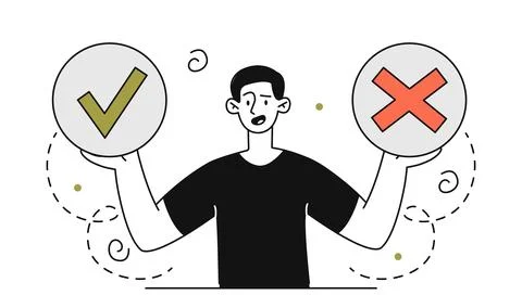 Man with choice. Young guy with green check mark and red cross. Person makes Stock Illustration