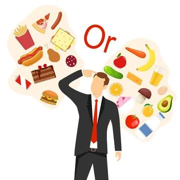 A man chooses between healthy and unhealthy food. Healthy and balanced food Stock Illustration