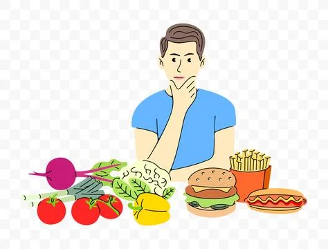 Man chooses between vegetables and fast food, graphic design Stock Illustration