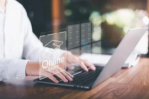 The man chooses the correct answer, marking online,online survey concept on.. Stock Photos