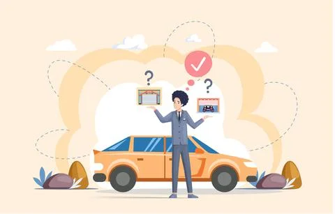 Man chooses garage with automatically opening doors to park car. Selection of Illustrazione stock