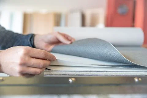 Man chooses wallpaper on wall from sample in store Foto stock
