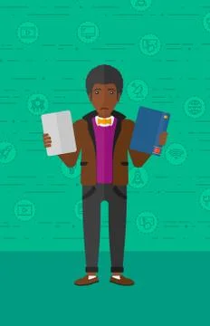 Man choosing between book and tablet computer Stock Illustration