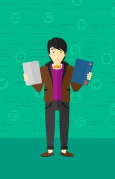 Man choosing between book and tablet computer Stock Illustration