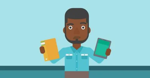 Man choosing between book and tablet computer Stock Illustration