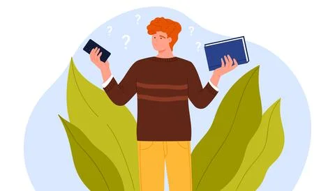 Man Choosing Between Book And Phone Stock Illustration