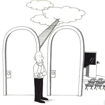 Man Choosing Between Heaven or a Lecture on It on Different Floors Stock Illustration