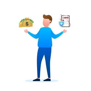 Man choosing between two options Medical insurance and money. Vector stock Illustrazione stock