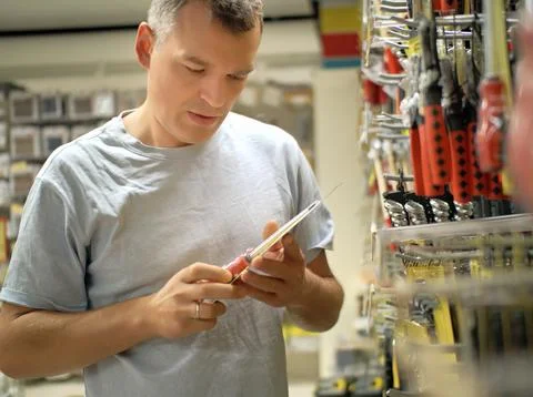 Man choosing a hand tool in a hardware store Stock Photos