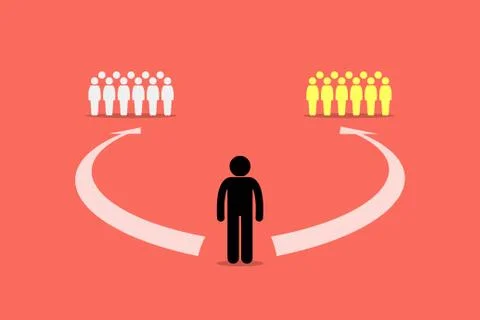 Man choosing to join between two teams or two group of people.  Stock Illustration