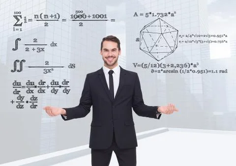 Man choosing or deciding math equations with open palm hands Stock Photos