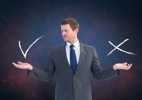 Man choosing or deciding with open palm hands right or wrong tick and x Stock Photos