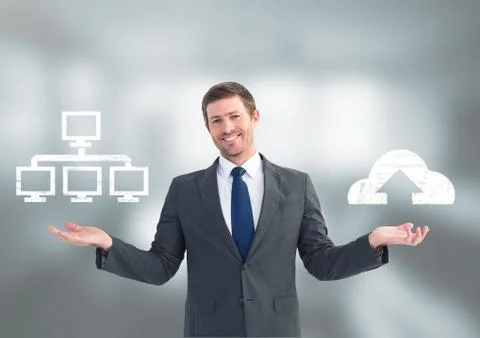 Man choosing or deciding server or cloud computing with open palm hands Stock Photos