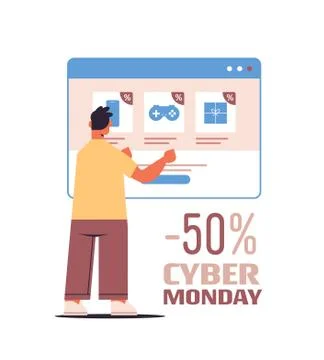 Man choosing purchases in web browser window shopping cyber monday sale holiday Ilustración de archivo