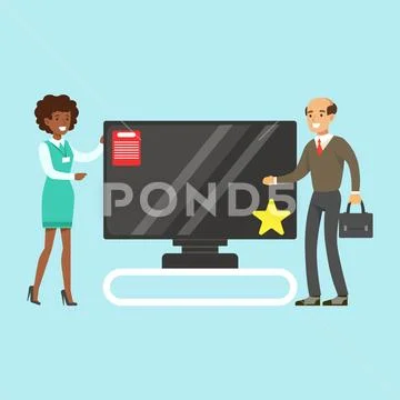 Man choosing TV with shop assistant help in appliance store colorful vector Stock Illustration