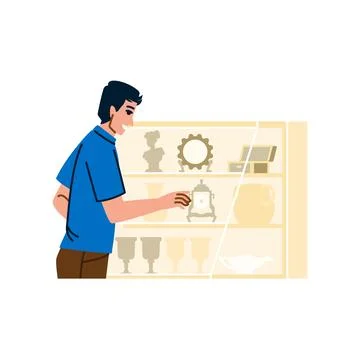 Man choosing vintage table clock in antique shop Stock Illustration