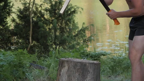 Man chop small log, slow motion handheld. Stock Footage 199553953