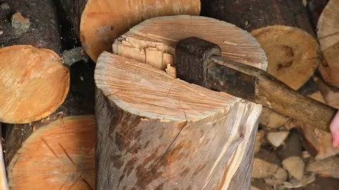 A man is chopping logs with an axe on chopping block. Harvesting of firewood Stock Footage 218259807