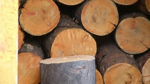A man is chopping logs with an axe on chopping block. Harvesting of firewood Stock Footage 218614391