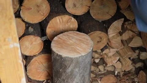 A man is chopping logs with an axe on chopping block. Harvesting of firewood Stock Footage 226834674