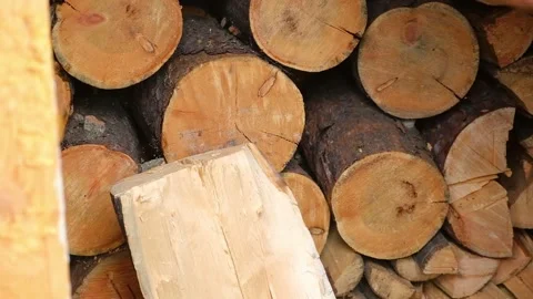 A man is chopping logs with an axe on chopping block. Harvesting of firewood Stock Footage 230711316
