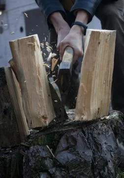 A man chopping wood on a stump. Stock Photos
