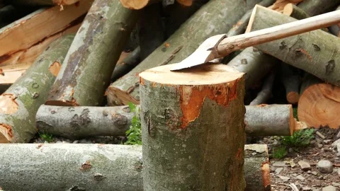 Man chopping wood. Trying to split the beam with an ax Stock Footage 79037612
