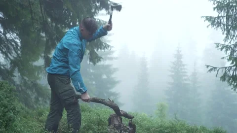 A man chops with an ax. A tourist chops firewood in the forest during the rain Stock Footage 214329997