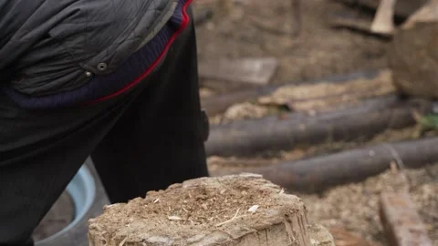 A man chops firewood with a sharp ax Stock Footage 259559166