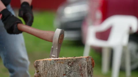 Man Chops Wood with Axe on Farm Stock Footage 318902506