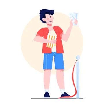Man in cinema queue holding tickets. Character with popcorn. Stockillustratie