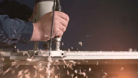 Man with Circular Saw Passes Through Tree and Sawdust Flies Sides Slow Motion Stock Footage 93766501