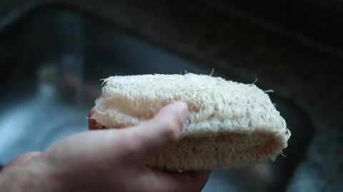A man clean dishes using a luffa as sponge in a kitchen in Brazil Stock-Footage 145037340