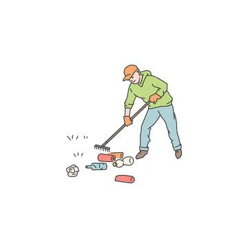 Man clean environment from trash and waste. Vector doodle line illustration of Stock Illustration