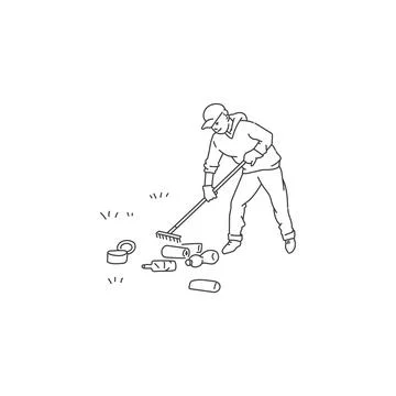 Man clean environment from trash and waste. Vector black white doodle line Stock Illustration