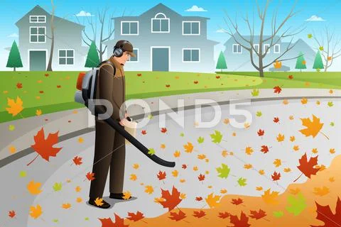 Man Clean Up Leaves During Fall Season Using a Blower Stock Illustration