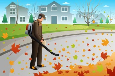 Man Clean Up Leaves During Fall Season Using a Blower Stock Illustration