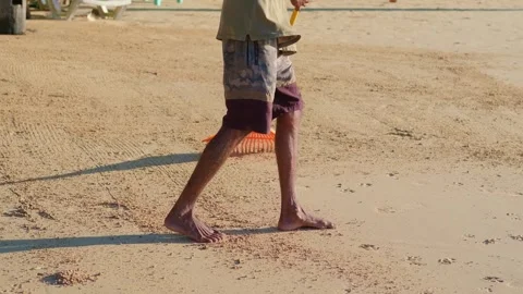 Man Cleaning Beach with Large Rake in Early Morning Sand Stock Footage 339796055
