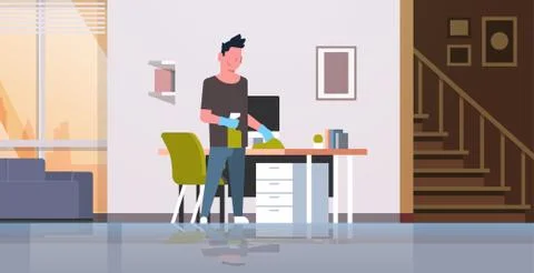 Man cleaning computer table with duster guy wiping workplace desk housework 스톡 일러스트