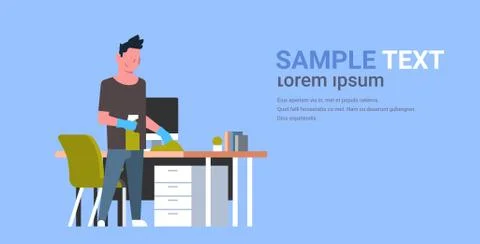 Man cleaning computer table with duster guy wiping workplace desk housework 스톡 일러스트