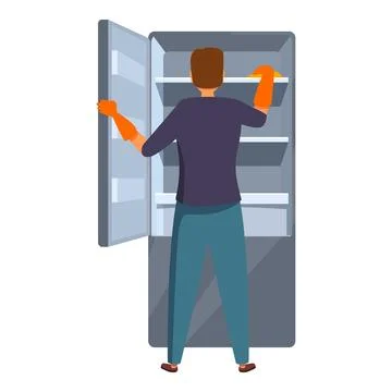 Man cleaning empty refrigerator using orange cloth and gloves, hygiene and fo Illustrazione stock